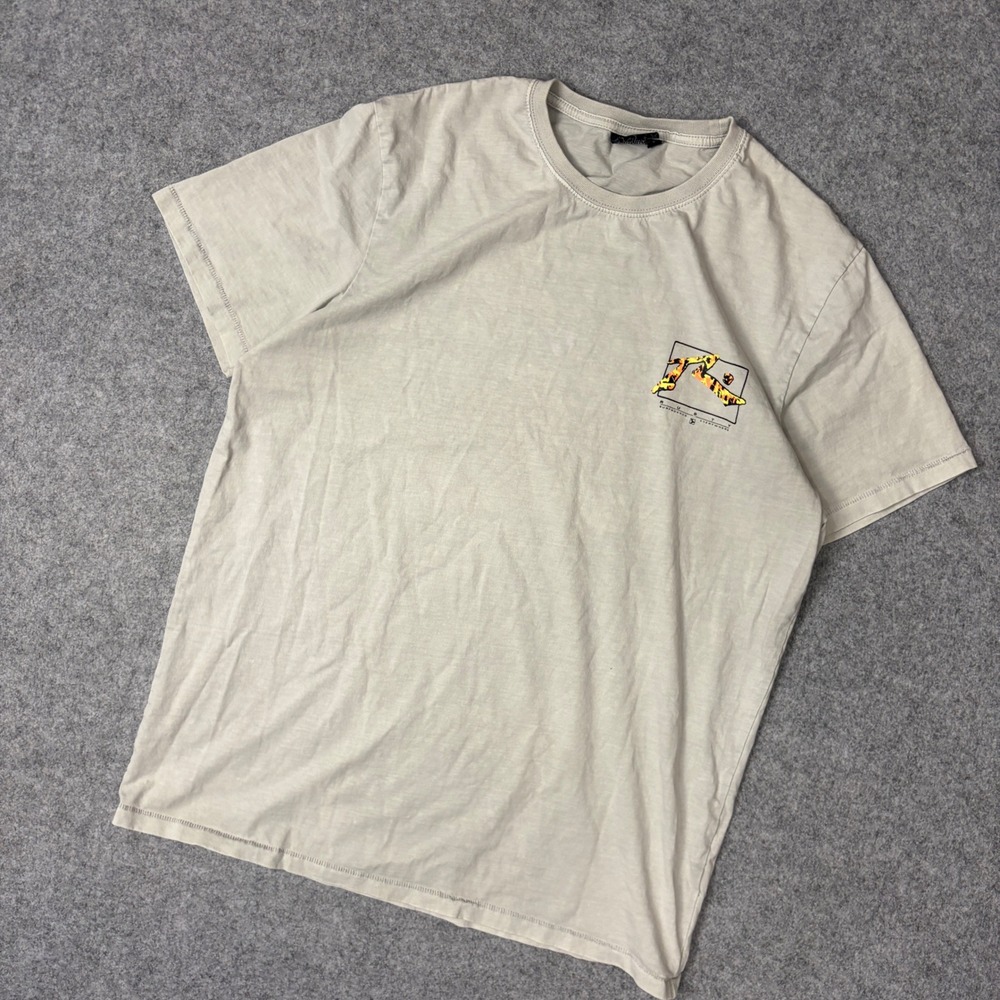 Rusty Surfboards Everywhere Graphic T-Shirt Mens XL Tan Orange R Dot Logo Tee